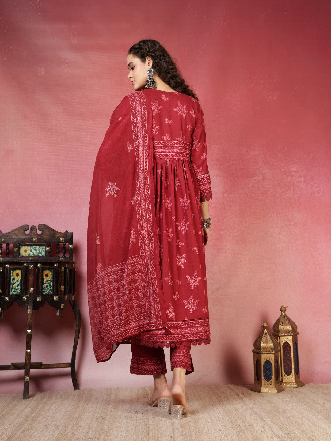 Maroon Cotton Blend Printed Anarkali Suit Set