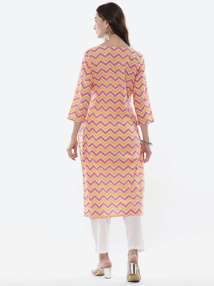 Leheriya Printed Neck Zari Cotton Kurti With Pant