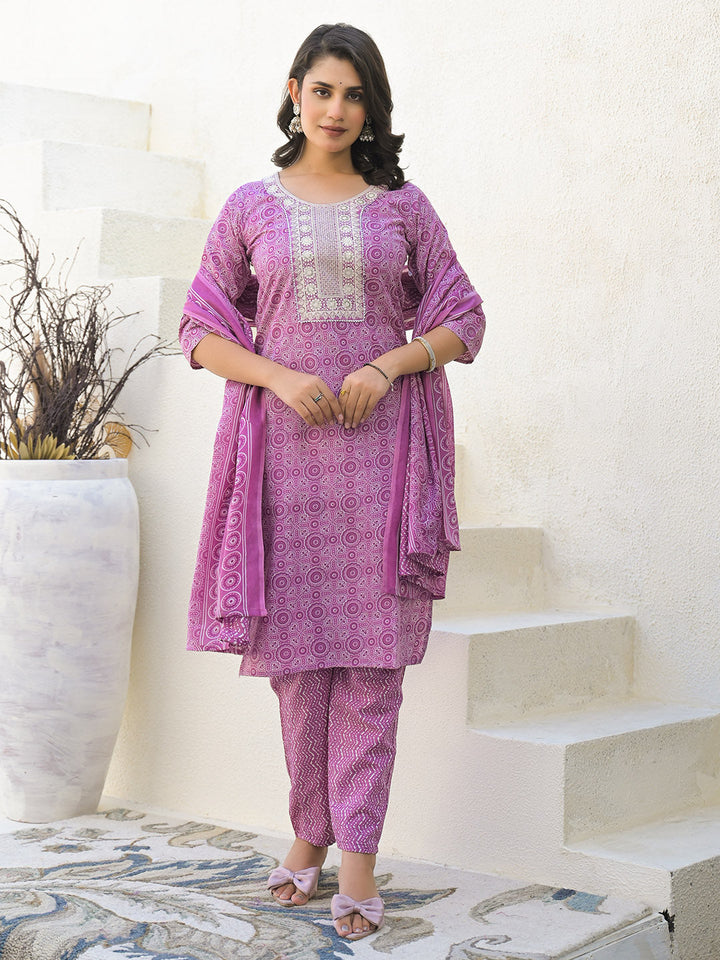 Floral Printed Cotton Kurta With Pants &amp; Dupatta
