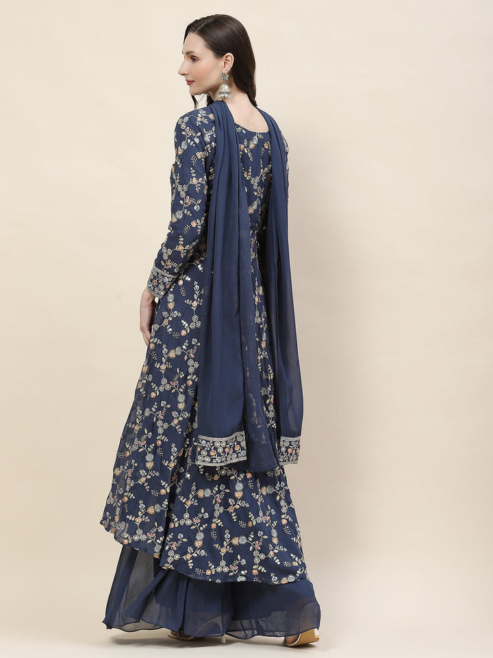 Resham Sequin Embroidery Georgette Kurta With Sharara &amp; Dupatta