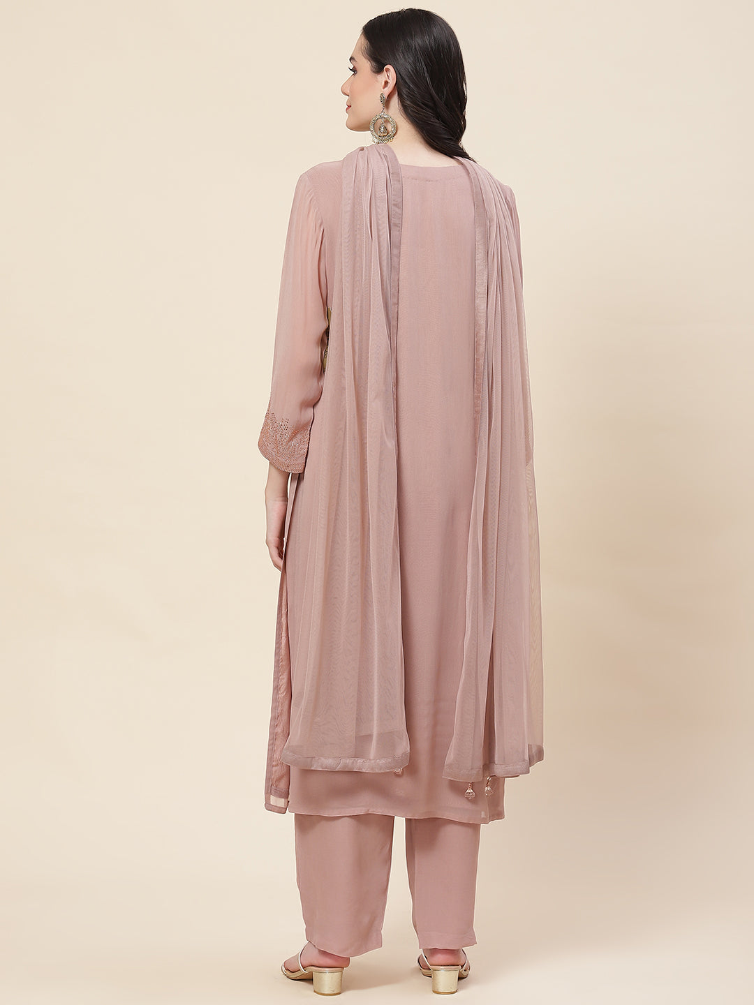Neck Embellished Georgette Kurta With Palazzo &amp; Dupatta