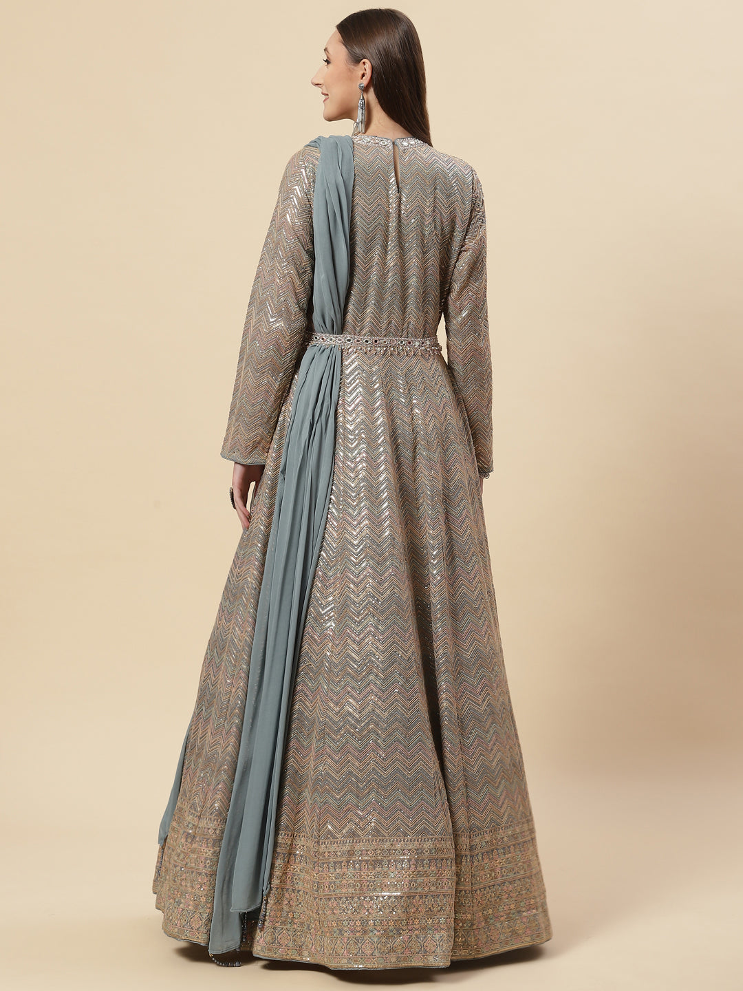 Sequin Embroidered Georgette Anarkali Kurta With Churidar &amp; Dupatta