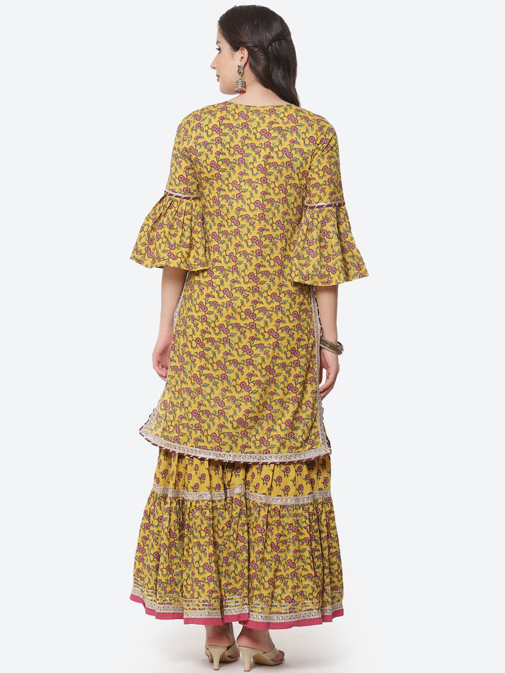 Floral Printed Gota Work Cotton Kurti With Sharara