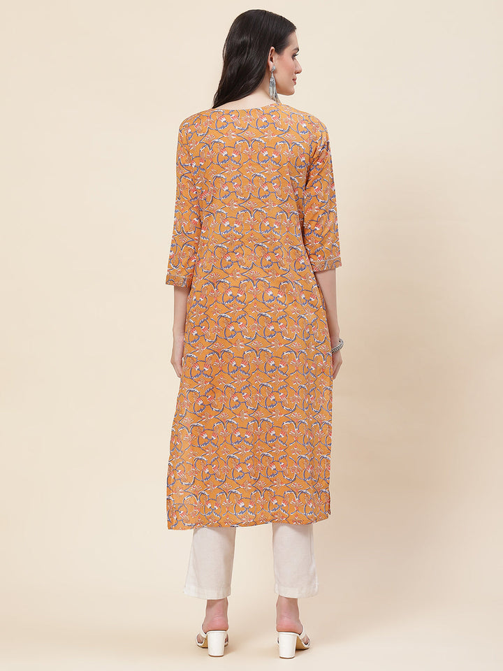 Printed &amp; Neck Embroidered Cotton Kurta
