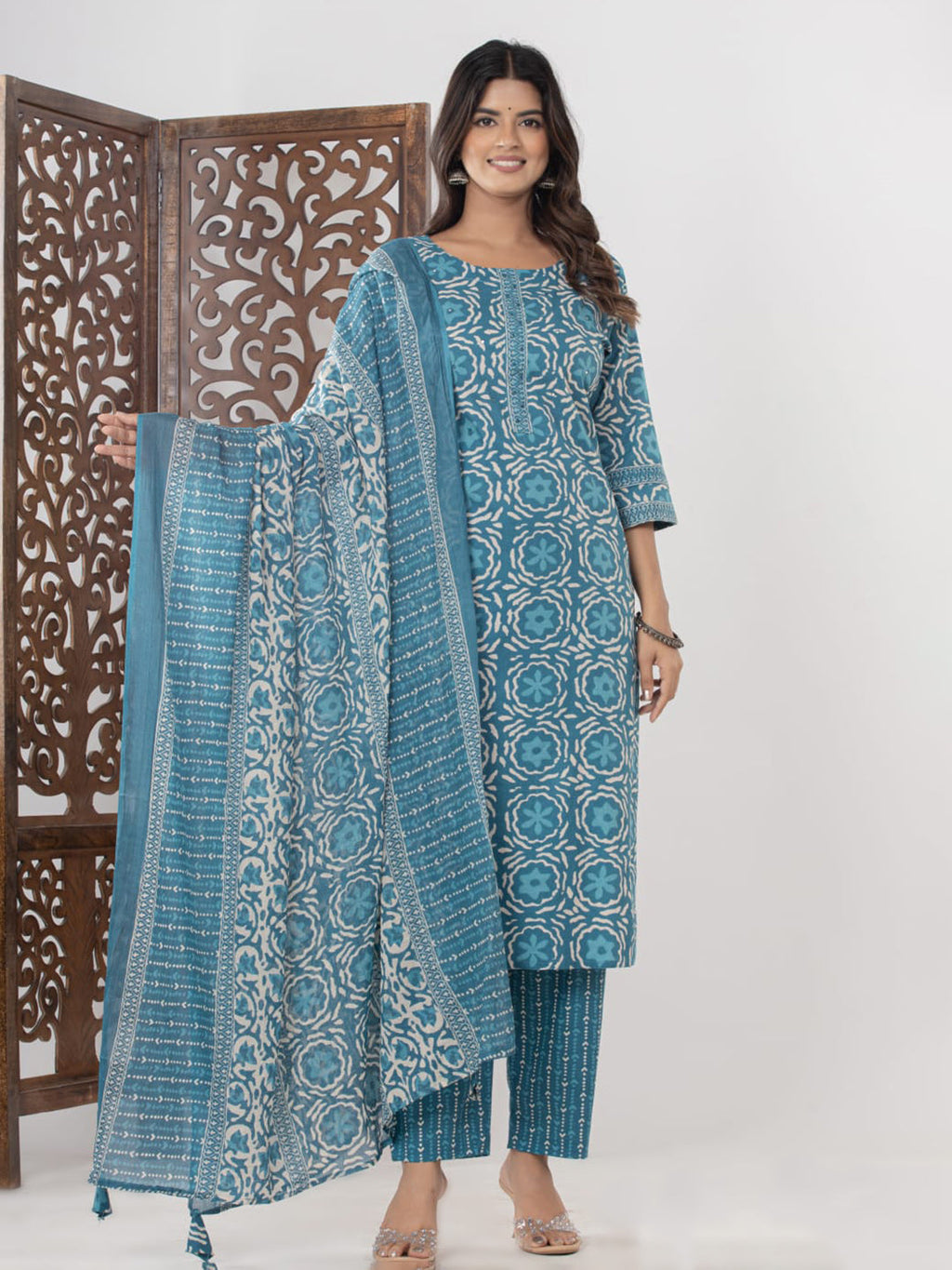 Light Blue Embroidered Cotton Blend Straight Suit Set With Dupatta