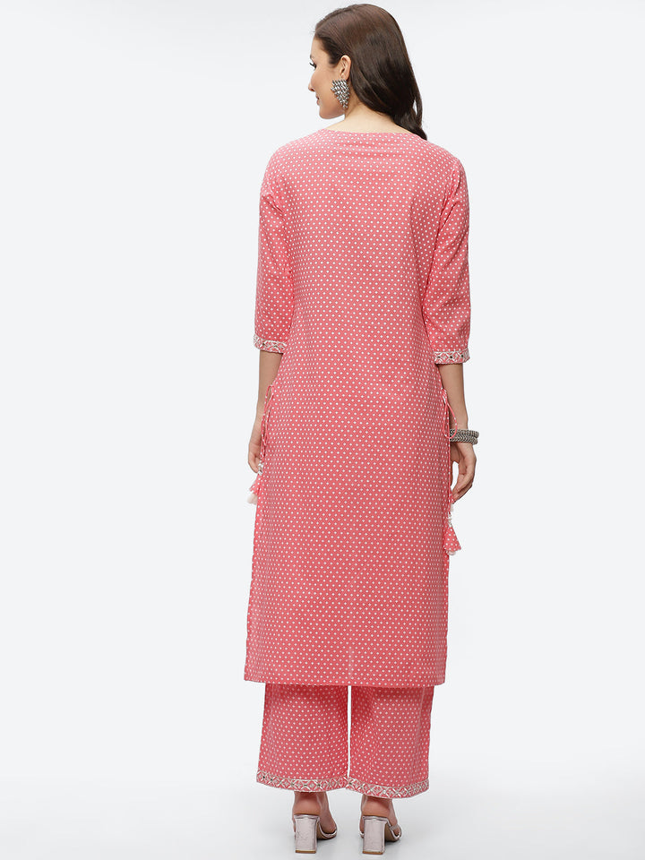 Mirror Neck Embroidered Cotton Kurta With Palazzo