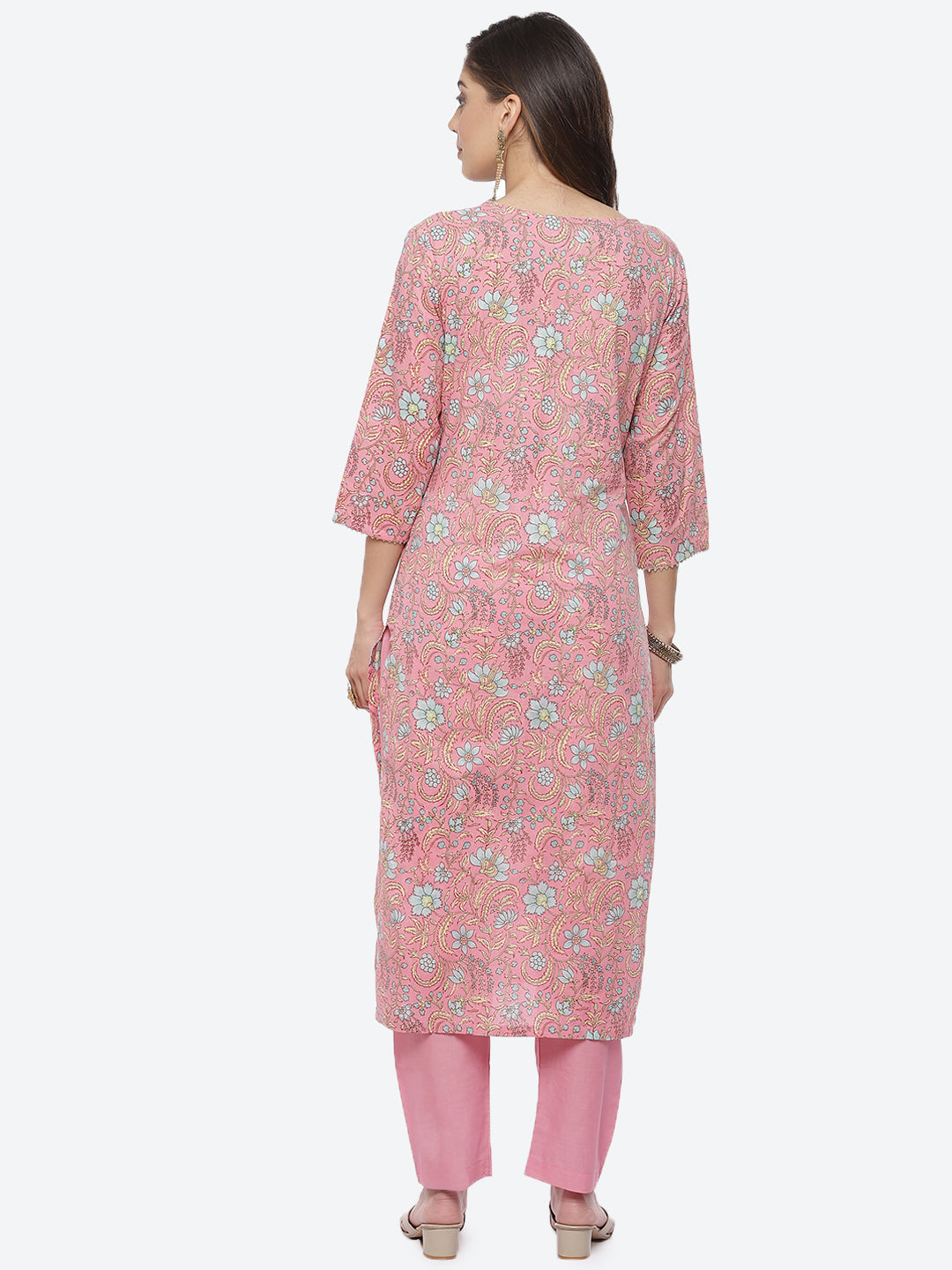 Zari Neck Embroidered Cotton Kurta With Pant
