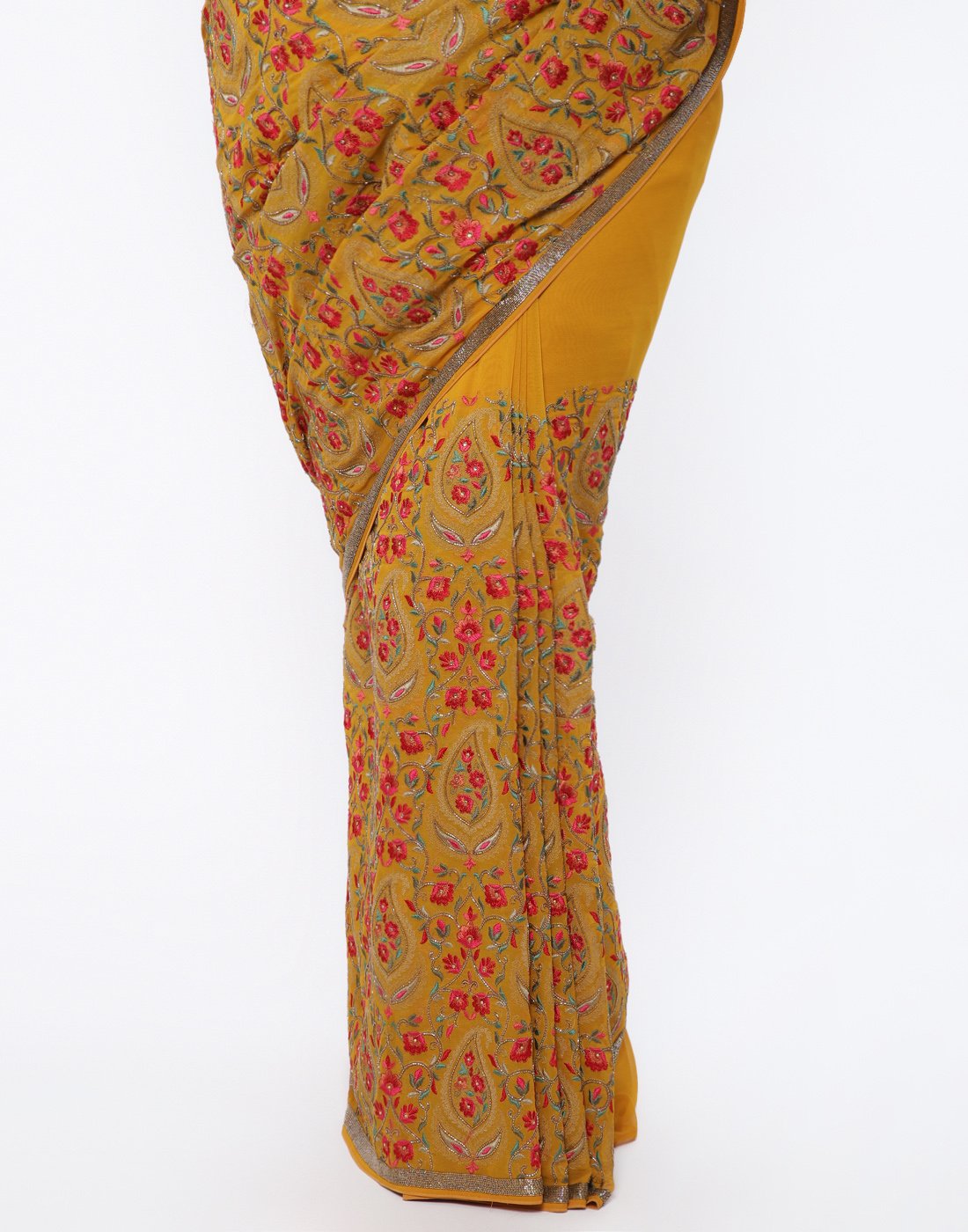 MBZ Meena Bazaar-Black colour georgette Saree With All-over Paisley Thread Embroidery
