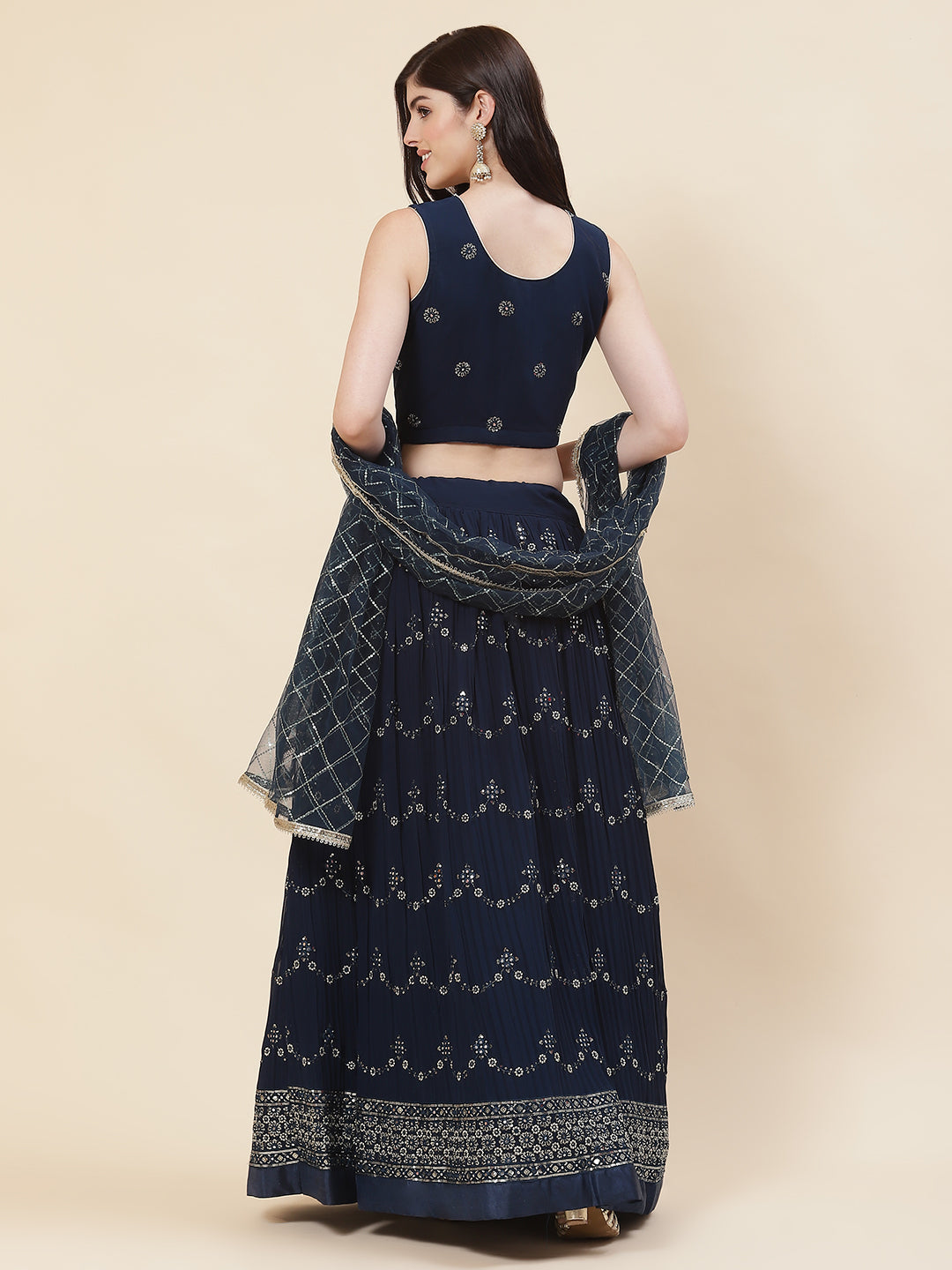 Embroidered Georgette Choli With Lehenga &amp; Dupatta