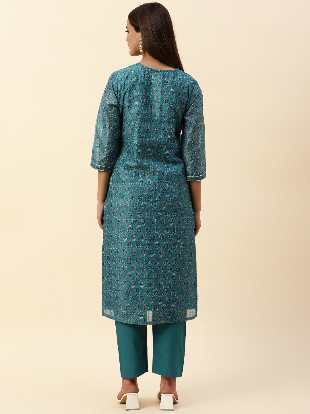 Printed &amp; Neck Embroidered Chanderi Kurta With Pants