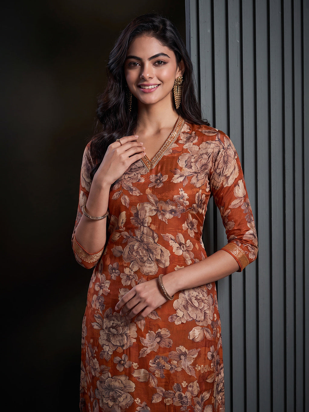 Rust Printed Art Silk Kurta With Pant & Dupatta