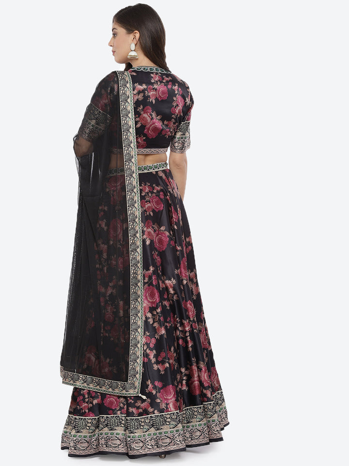 Floral Printed Satin Choli With Lehenga &amp; Net Dupatta