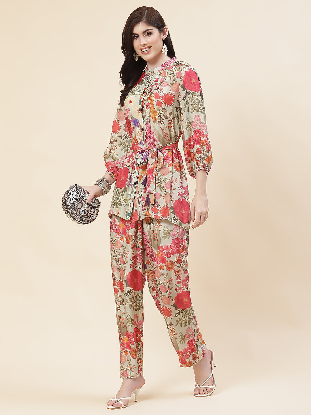Floral Printed Crepe Co-Ord Set With Belt