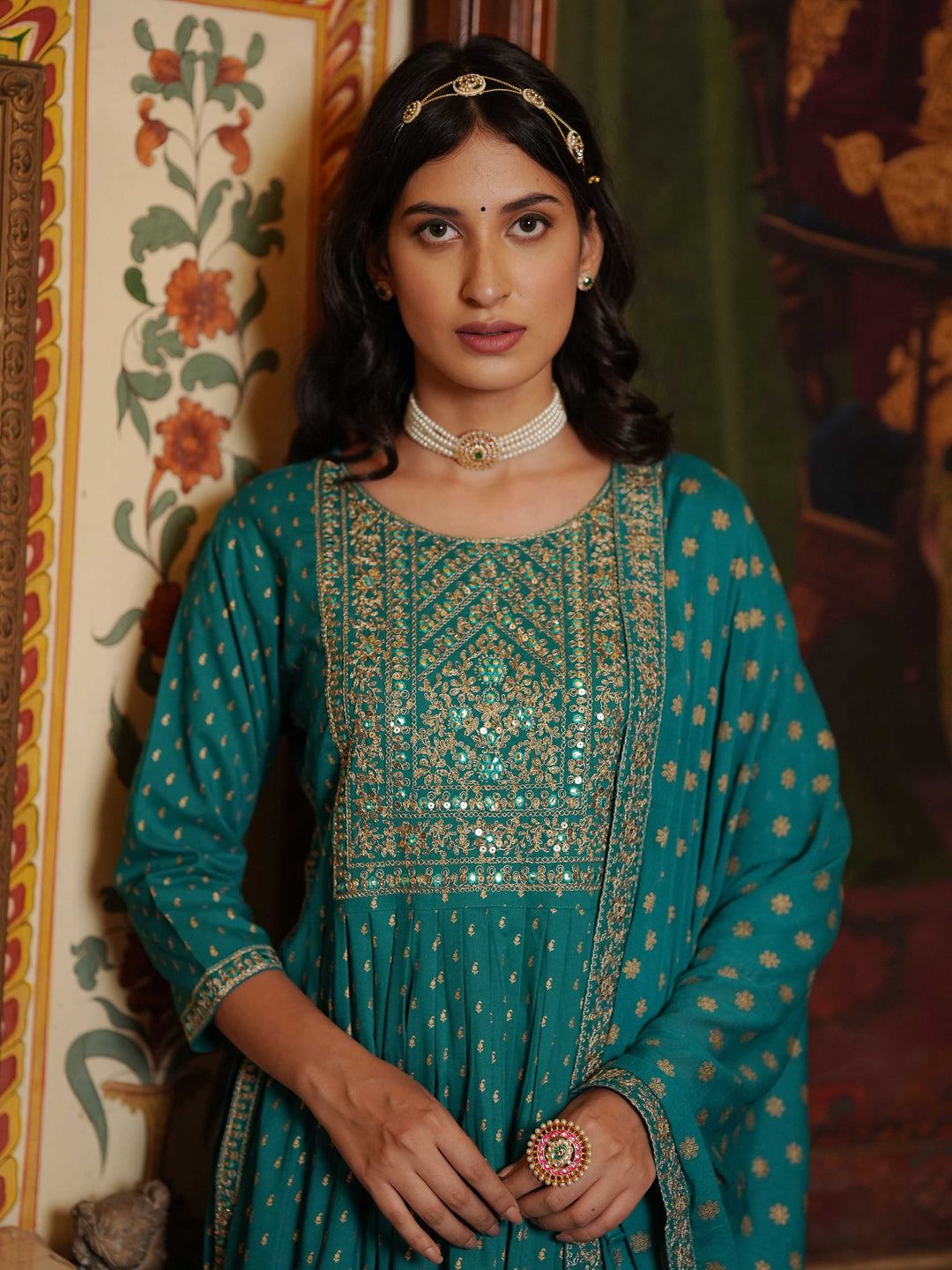 Neck Embroidered Cotton Kurta With Palazzo &amp; Dupatta