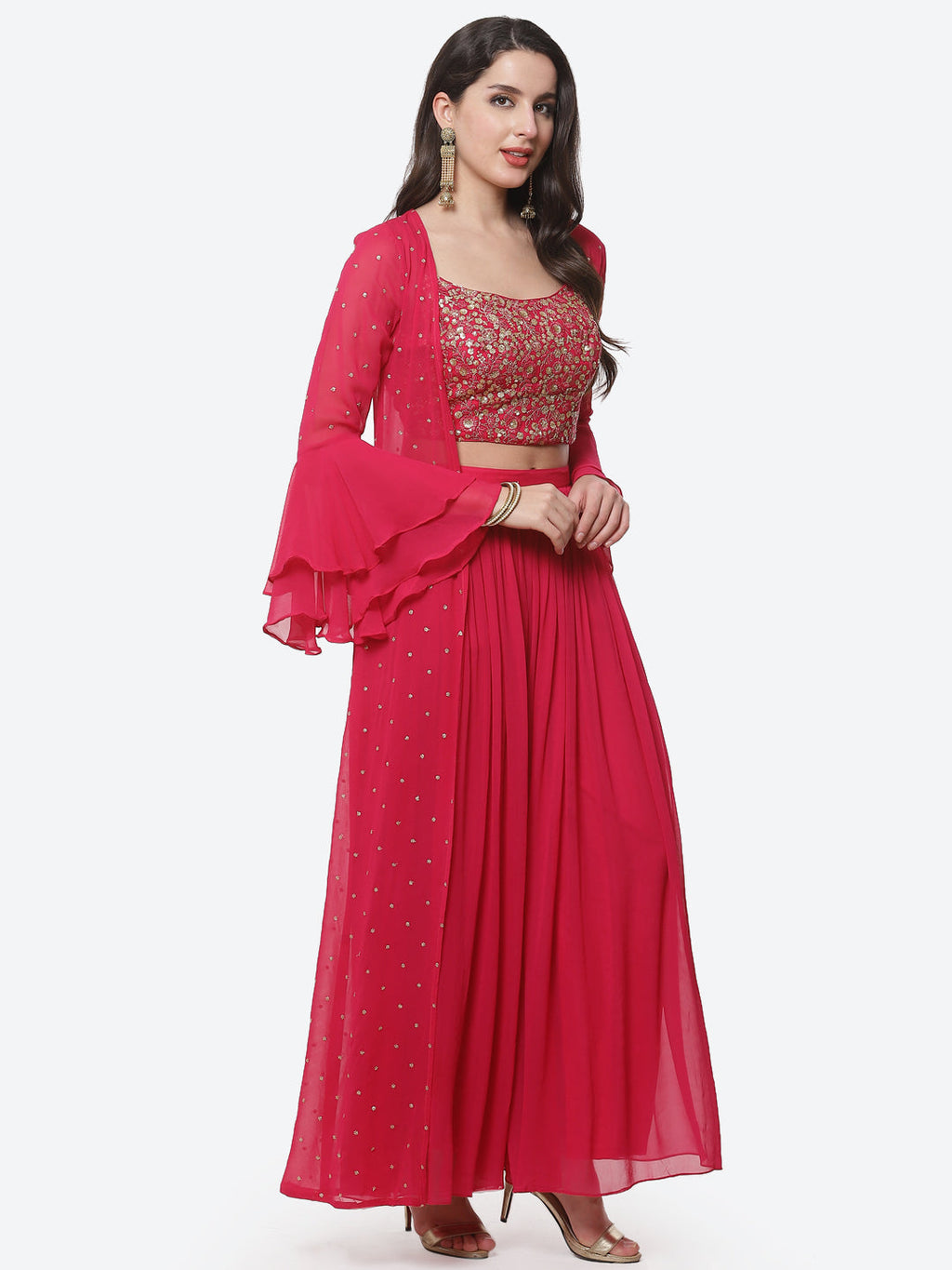 Embroidered Georgette Top With Pleated Palazzo & Jacket
