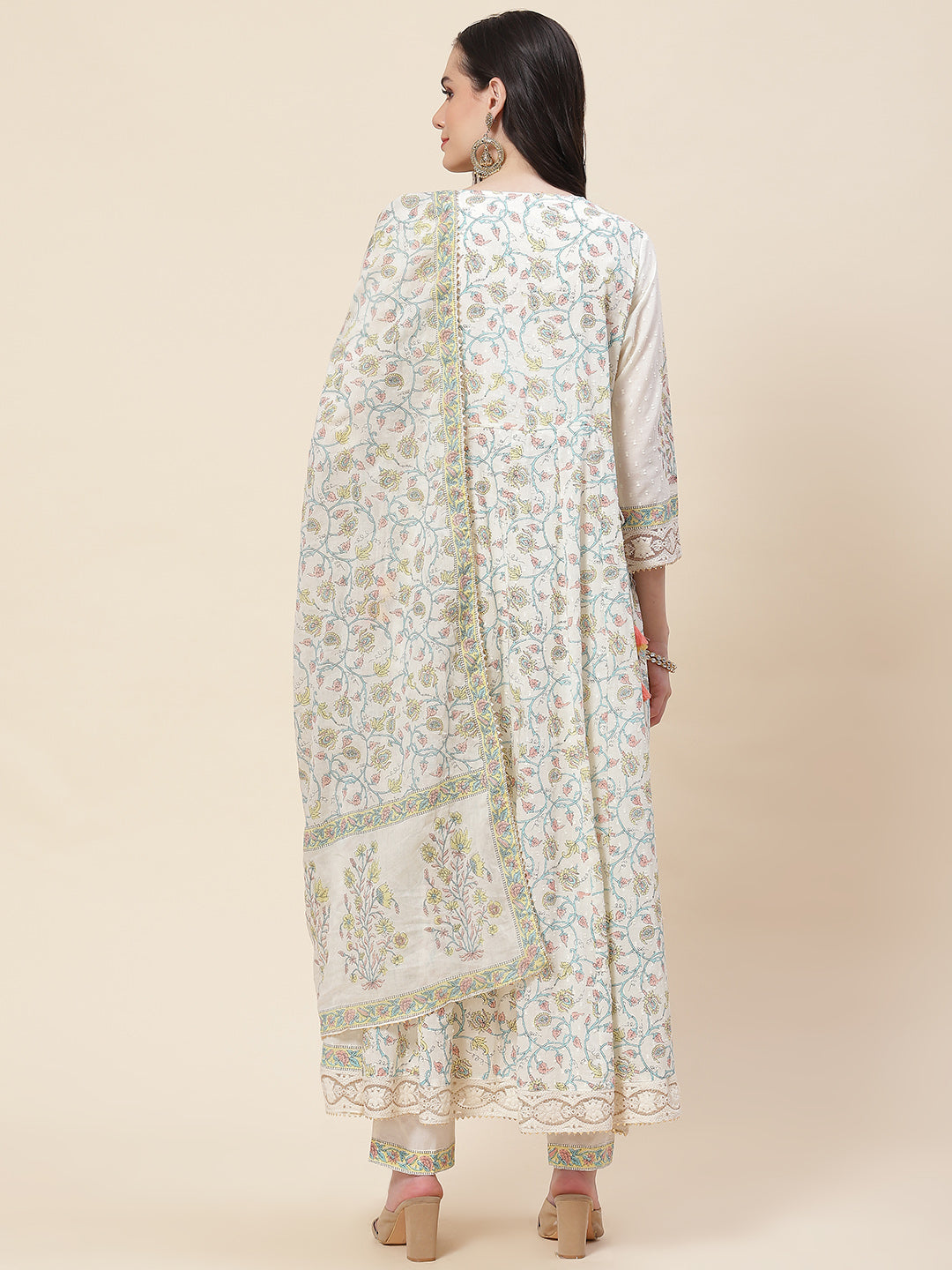 Floral Printed Cotton Kurta With Pants &amp; Dupatta