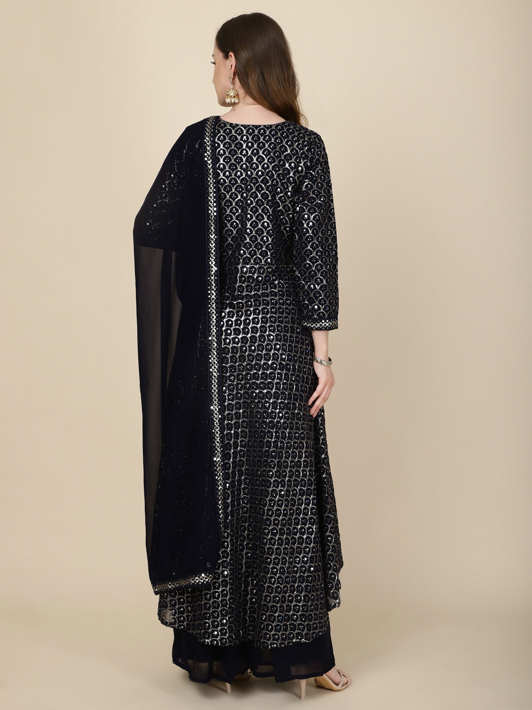 Resham Sequin Embroidery Georgette Kurta With Sharara &amp; Dupatta