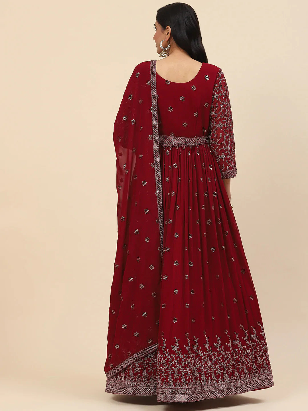 Resham Embroidered Georgette Kurta With Churidar &amp; Dupatta