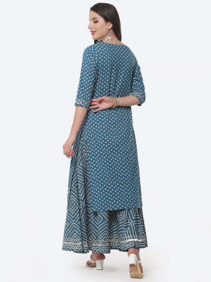 Printed Gota Work Cotton Kurti With Bandhani Printed Skirt
