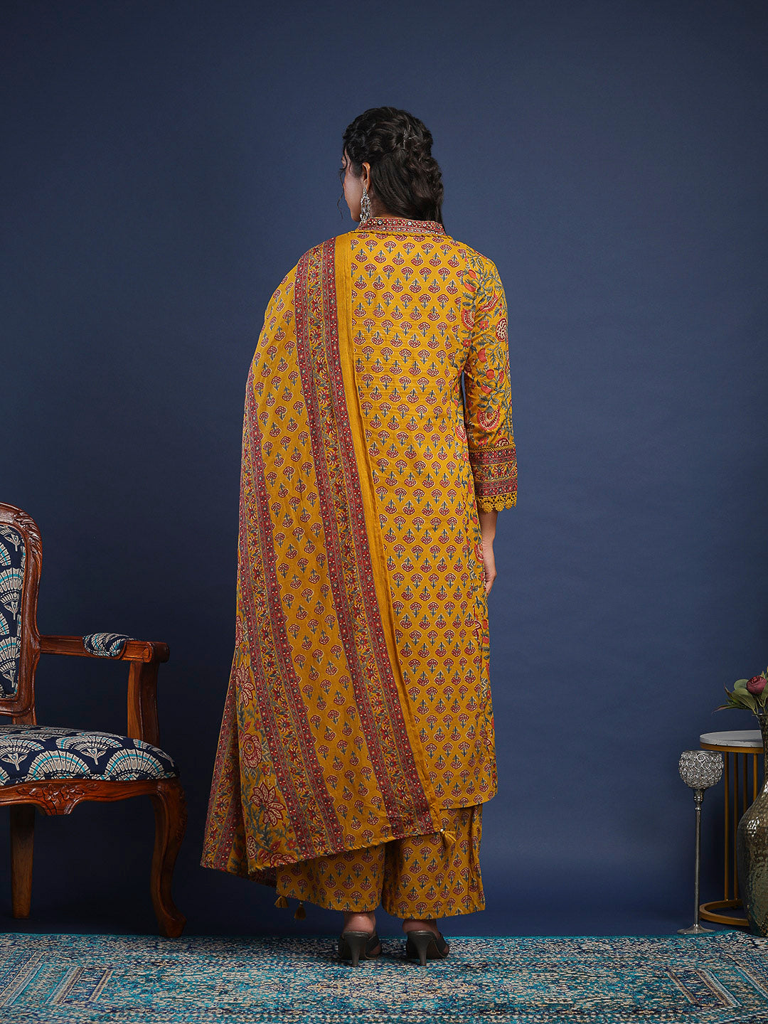 Mustard Cotton Blend Printed Straight Suit Set