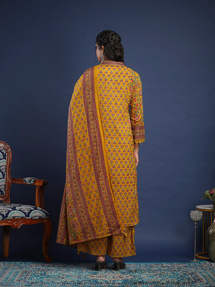 Mustard Cotton Blend Printed Straight Suit Set