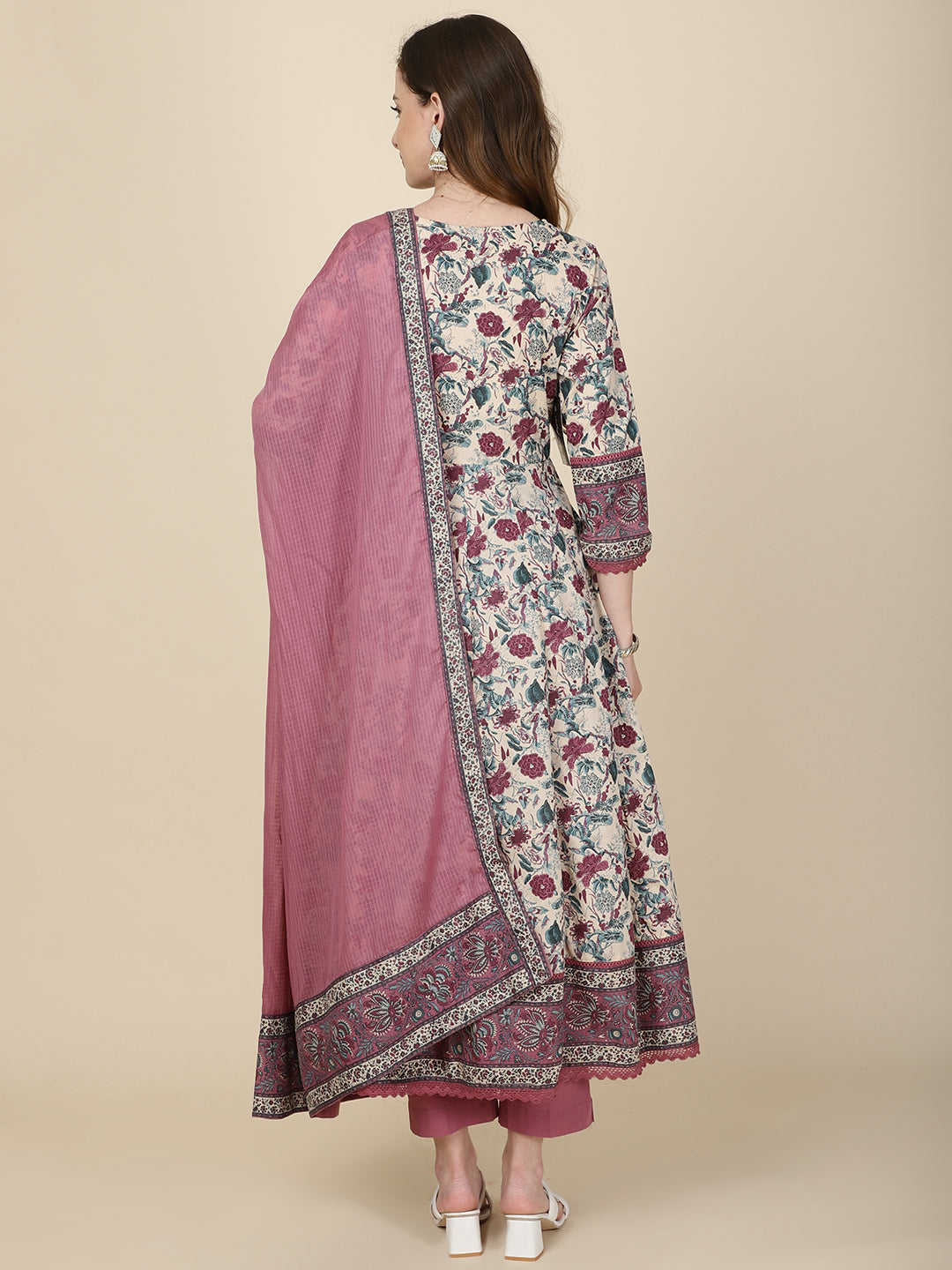Floral Printed Cotton Kurta With Pants & Dupatta