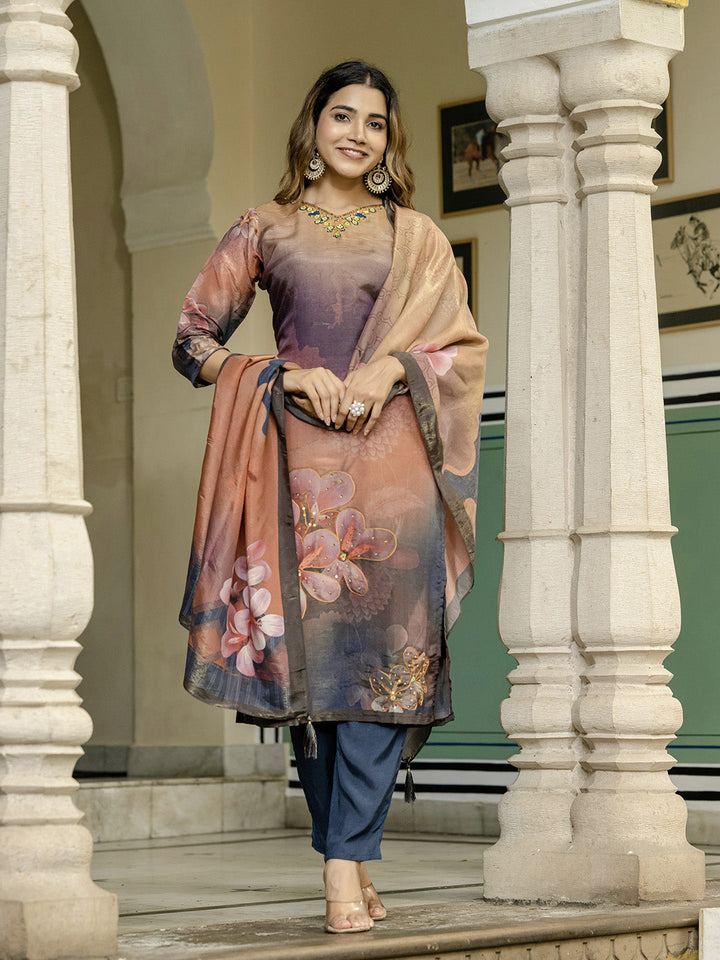 Embroidered Art Silk Kurta With Pant &amp; Dupatta