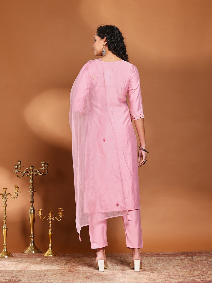 Pink Cotton Blend Embroidered A Line Suit Set