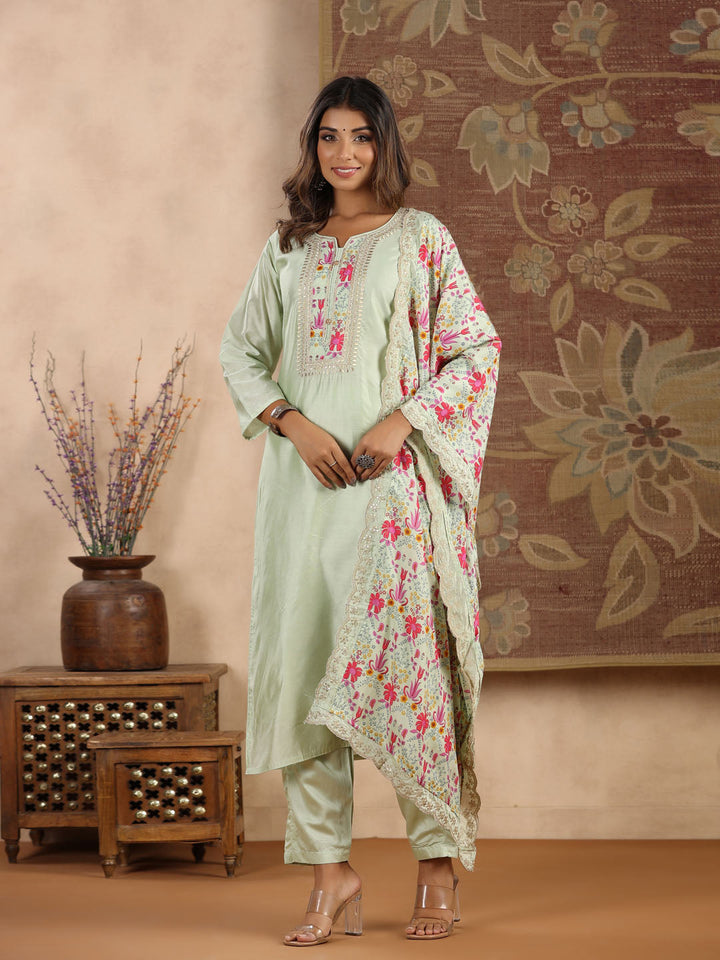 Neck Embroidered Chanderi Kurta With Pants &amp; Dupatta