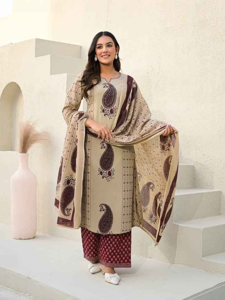Beige Red Cotton Blend Printed Straight Suit Set