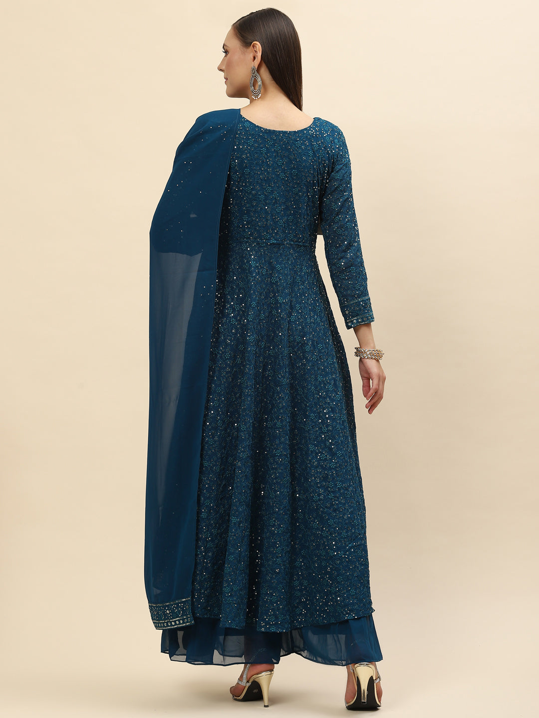 Sequin Embroidered Georgette Kurta With Palazzo &amp; Dupatta