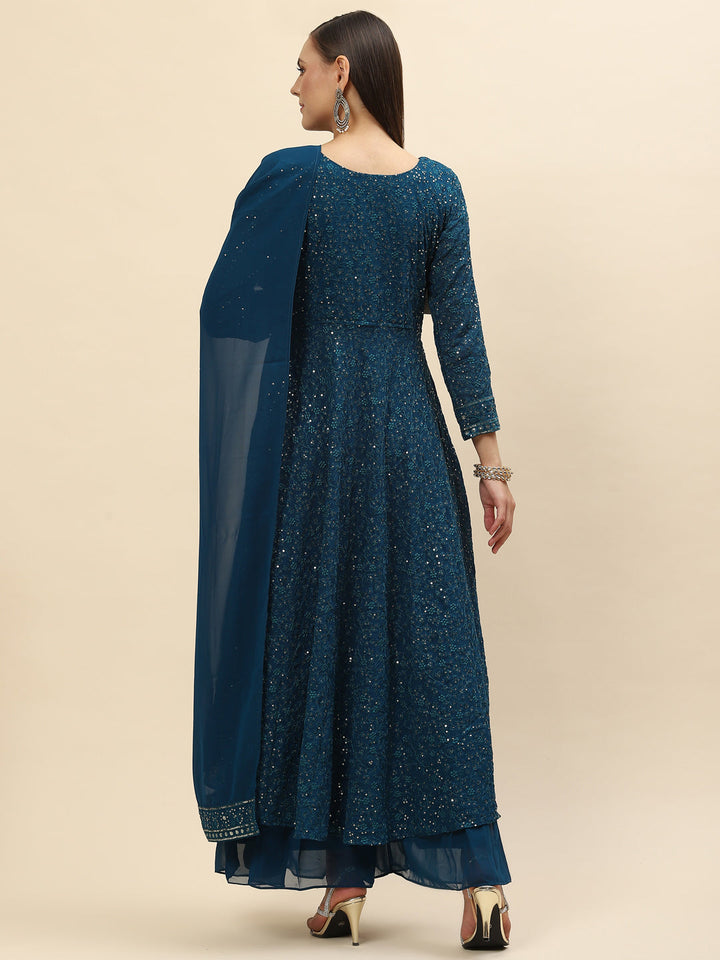 Sequin Embroidered Georgette Kurta With Palazzo &amp; Dupatta