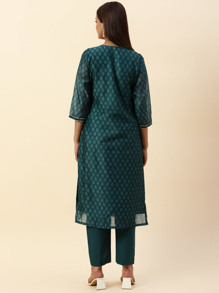 Printed &amp; Neck Embroidered Chanderi Kurta With Pants
