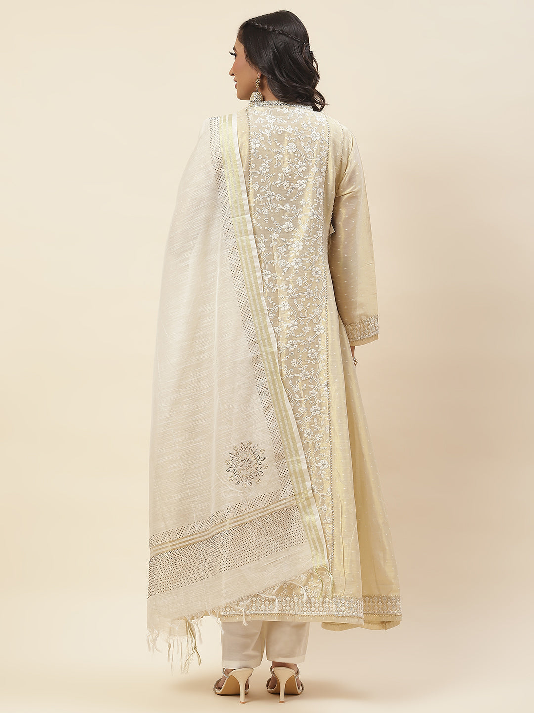 Resham Booti Embroidered Cotton Anarkali Kurta With Churidar &amp; Dupatta