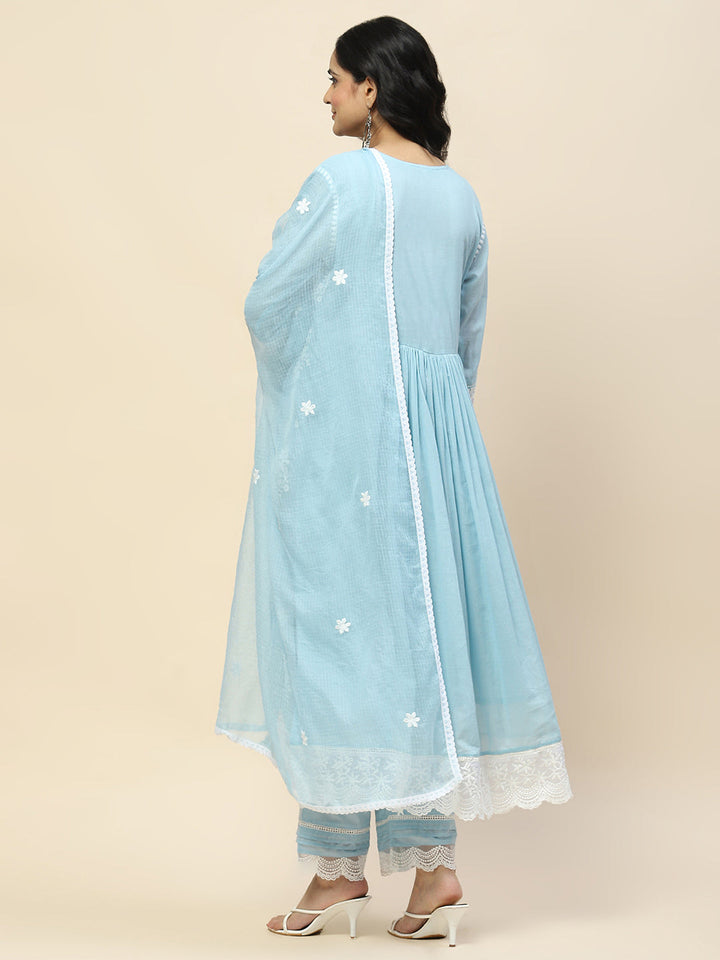 Neck Embroidery Cotton Anarkali With Pants &amp; Dupatta