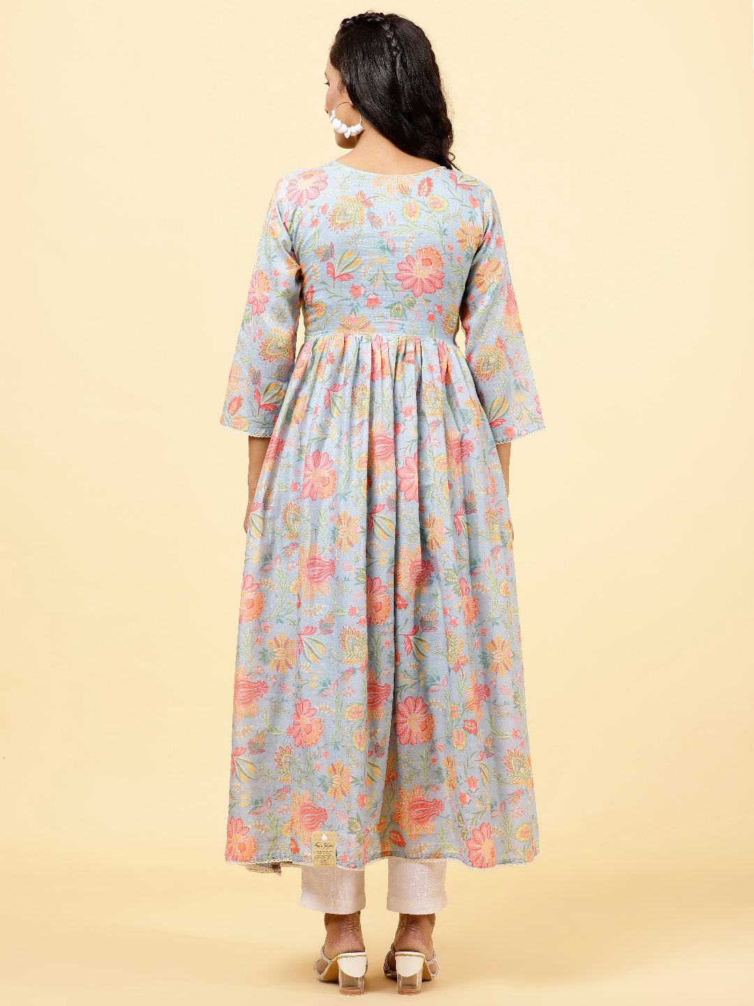 Floral Printed &amp; Neck Embroidered Cotton Kurta