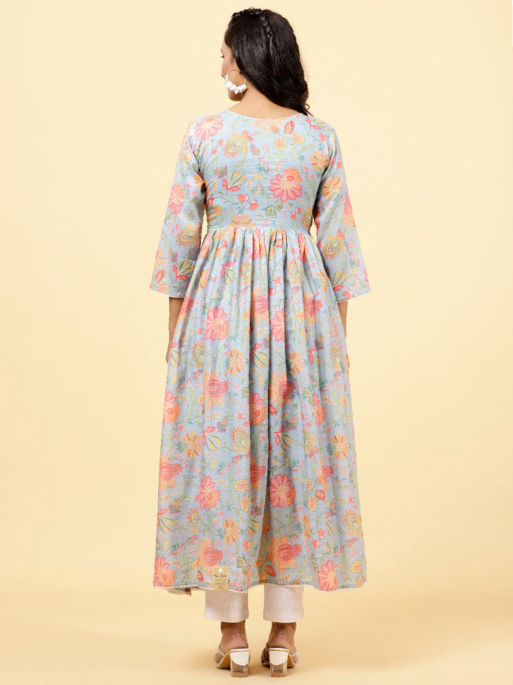 Floral Printed &amp; Neck Embroidered Cotton Kurta