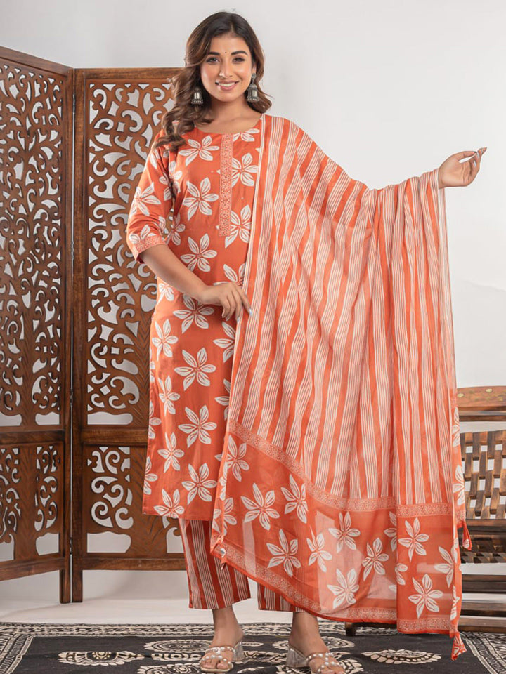 Brick Cotton Blend Printed Straight Suit Set
