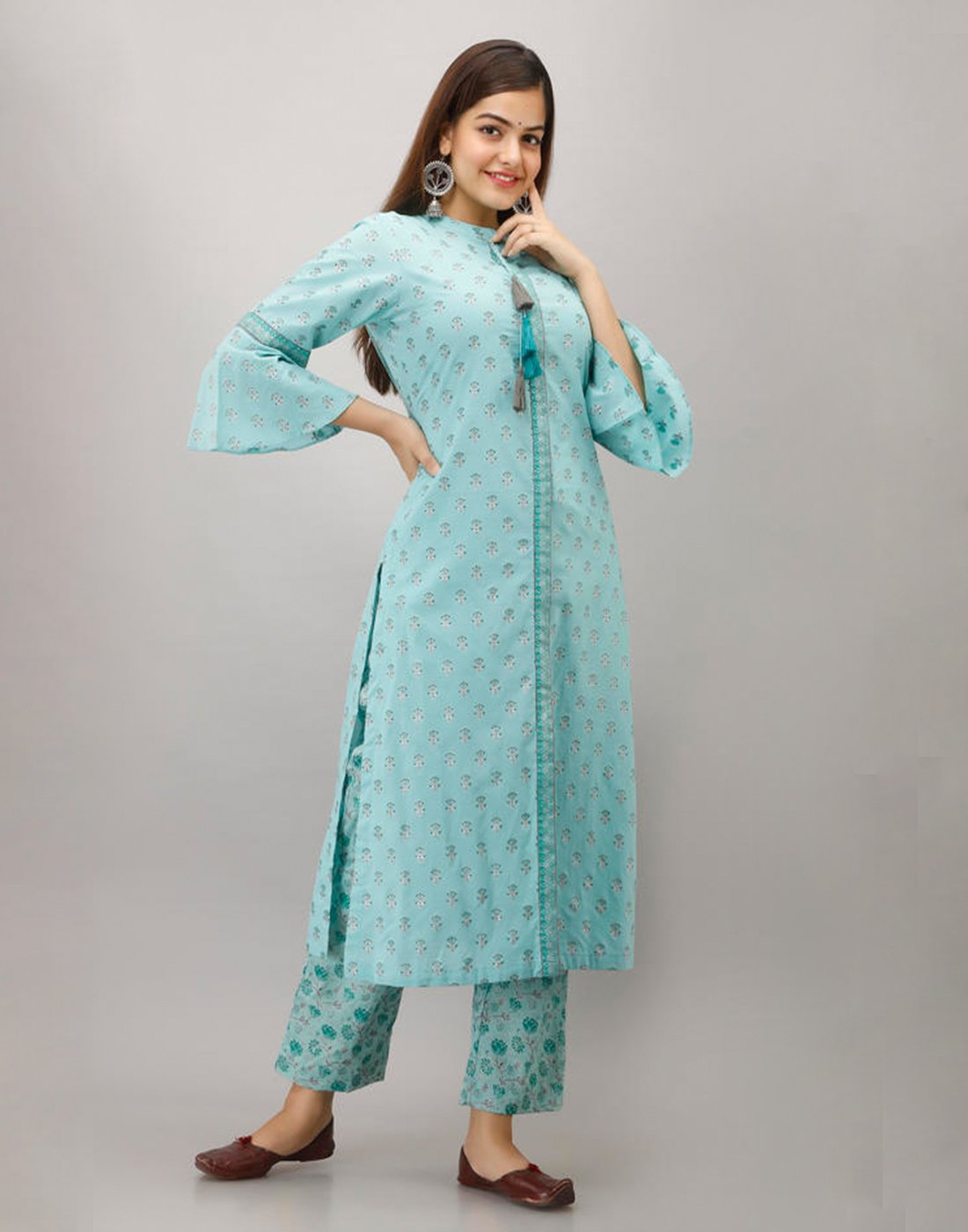 Printed Cotton Kurti And Pant With Bell Sleeves