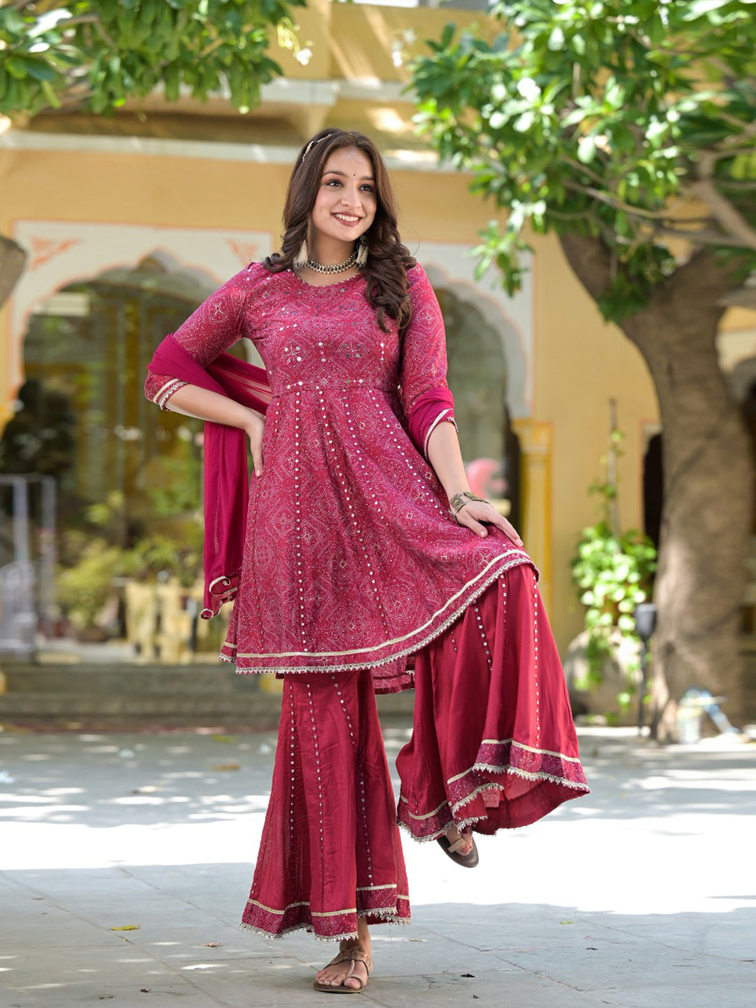 Bandhej Printed Cotton Kurta With Garara &amp; Dupatta