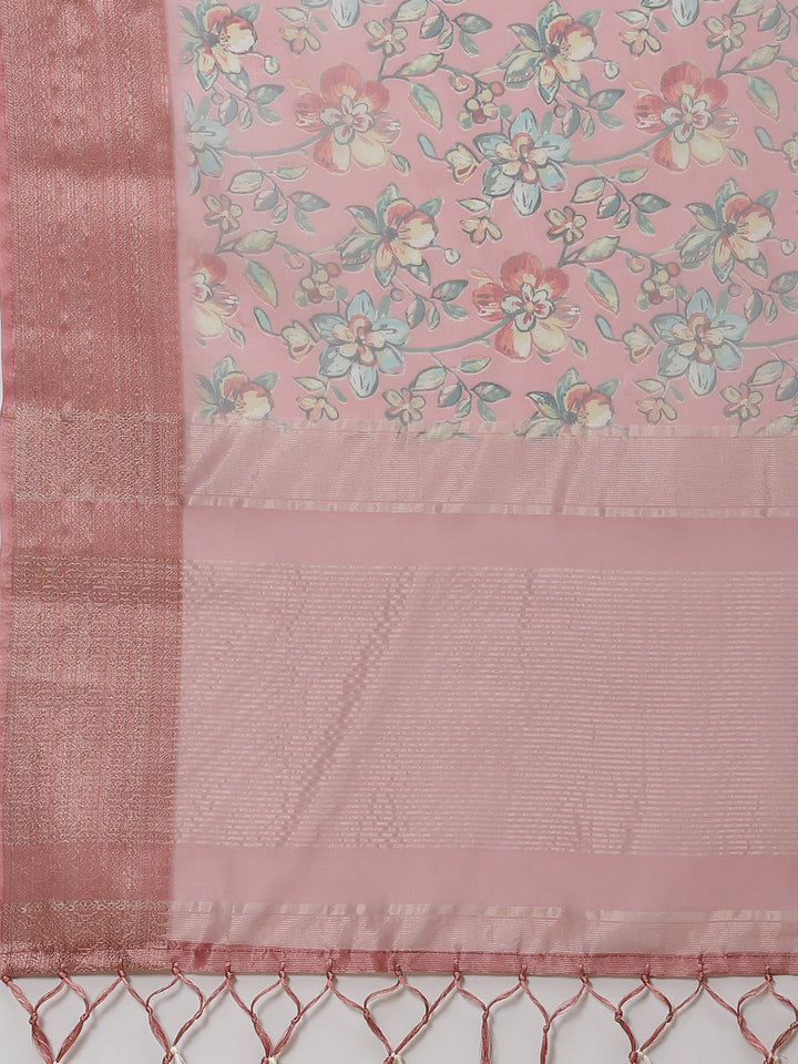 Floral Digital Printed Zari Border Organza Saree
