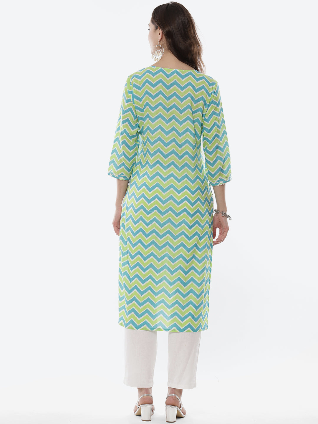 Leheriya Printed Neck Zari Cotton Kurti With Pant