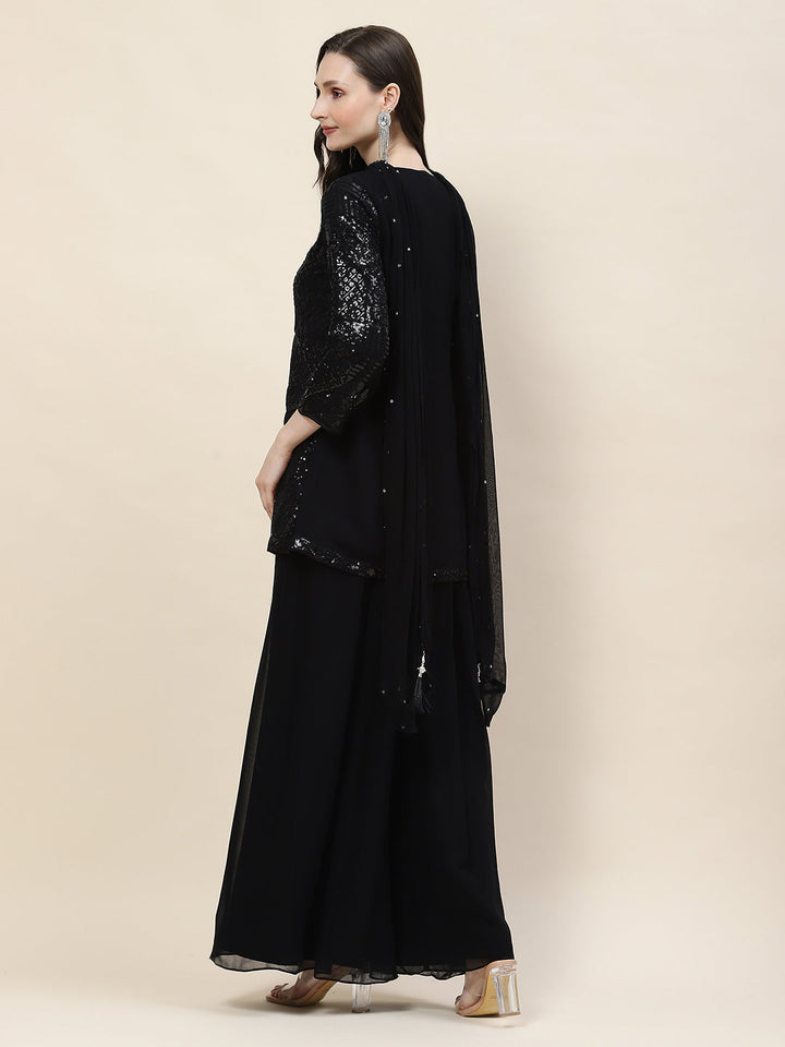Sequin Embroidery Georgette Kurti With Palazzo &amp; Dupatta