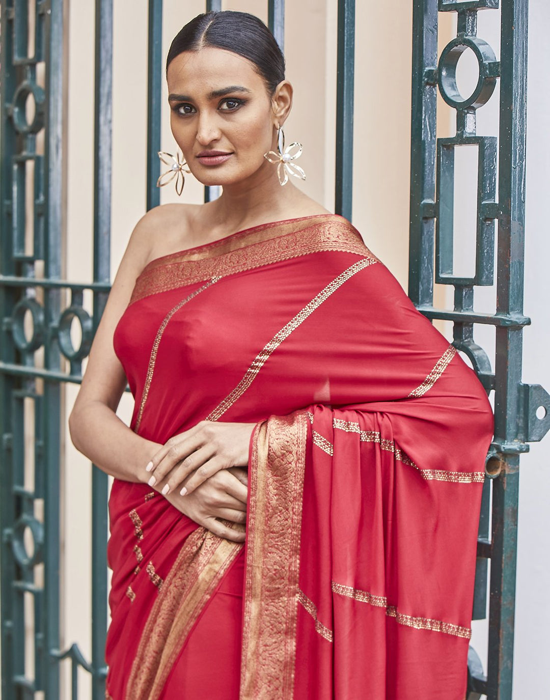 MBZ Meena Bazaar-Red Woven Crepe Saree