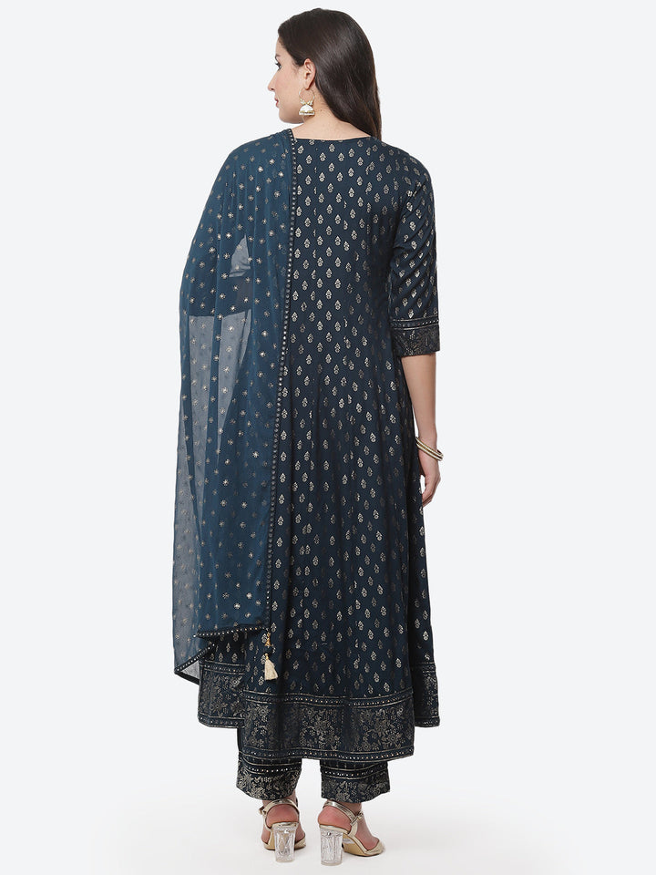Printed Zari Neck Cotton Stitched Anarkali Salwar Kameez With Chiffon Dupatta