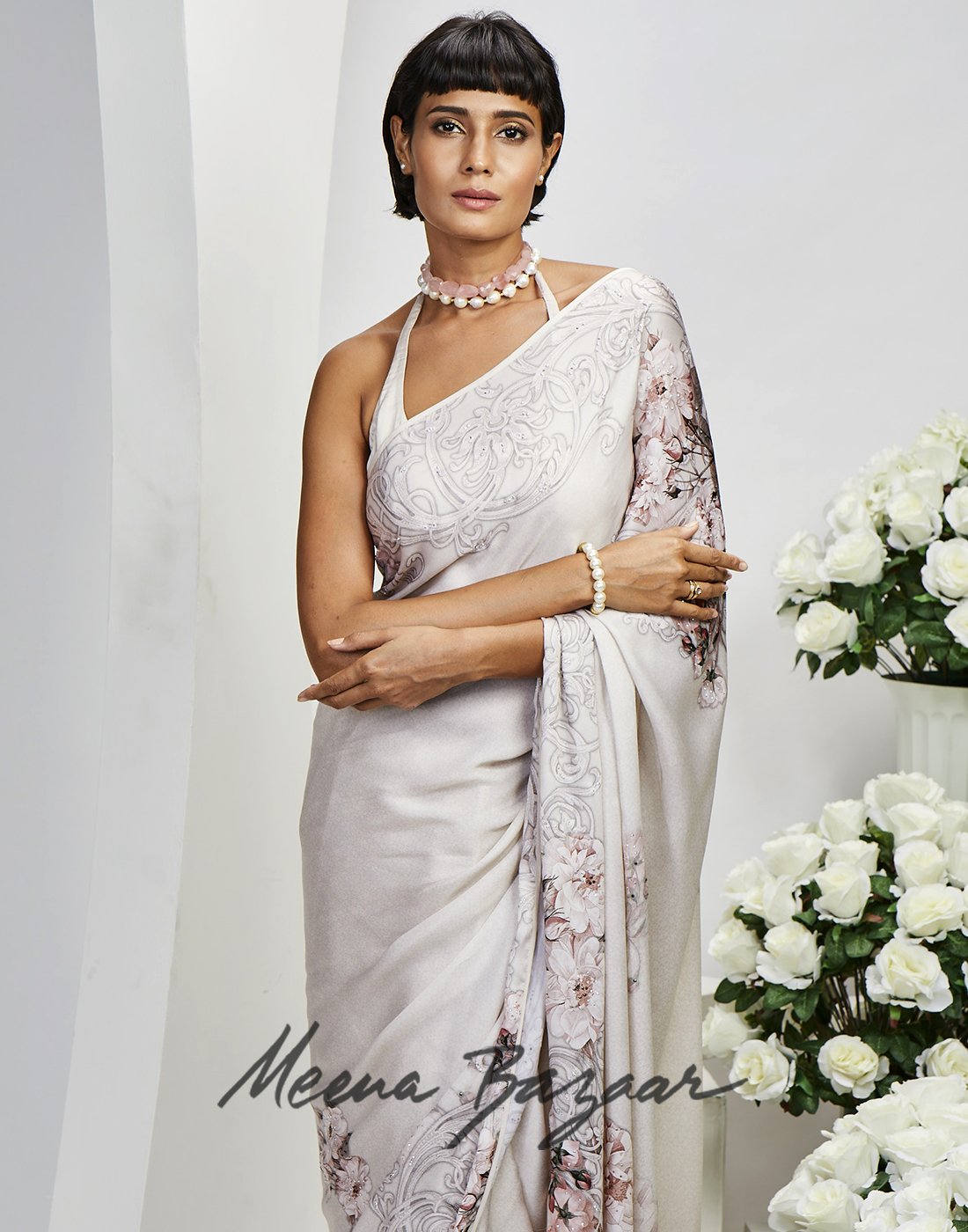 Cream Satin Printed Saree
