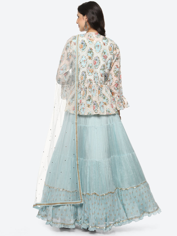 Resham Embroidered Crepe Choli Jacket With Lehenga &amp; Dupatta