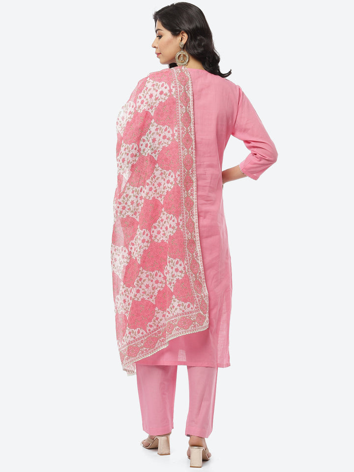 Resham Mirror Cotton Stitched Salwar Kameez With Printed Cotton Dupatta