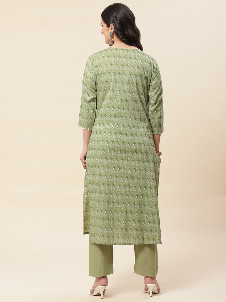 Printed  &amp; Neck Embroidered Cotton Kurta With Pants