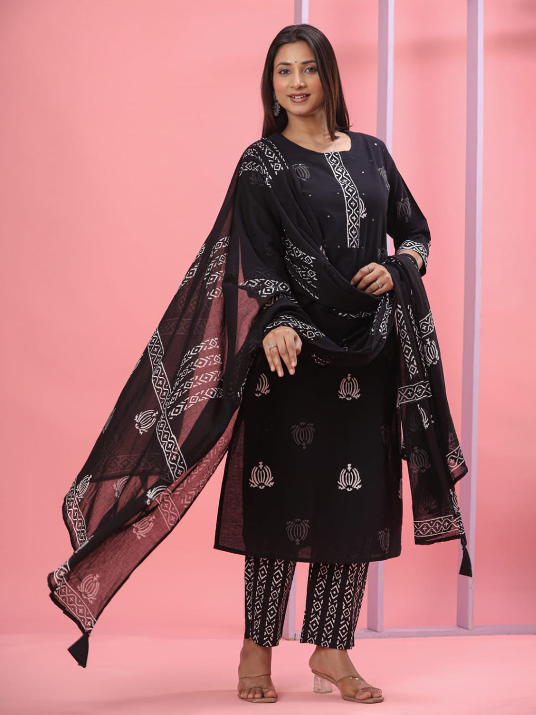 Black Embroidered Cotton Blend Straight Suit Set With Dupatta